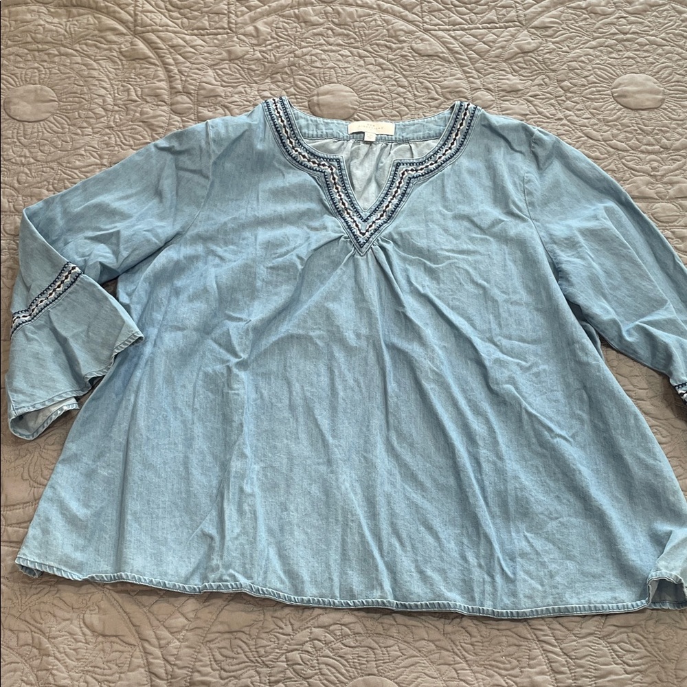 *3 for $10* New Directions chambray Blouse with Embroidery PXL